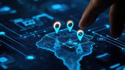 Poster - Digital Map Interaction with Location Pins on a Futuristic Interface Background in a Technology Context
