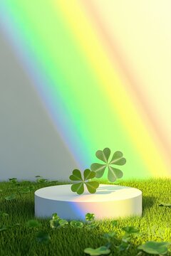 
Green podium for product presentation with clover, rainbow light background, St. Patrick's Day theme