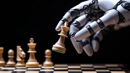 Poster - Robotic Hand Playing Chess with Wooden Pieces on Board in Dramatic Lighting