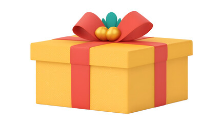 Poster - Elegant 3D rendered shiny gold gift box with a rich red ribbon creating a premium and festive look  Transparent background in cutout format perfect for holiday product display