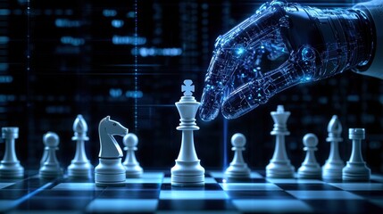 Poster - Robotic Hand Moving Chess Piece in a Futuristic Digital Chess Game Environment