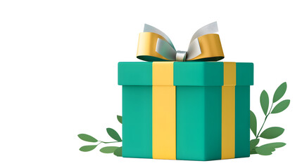 Poster - Charming 3D cartoon gold gift box with a silky silver ribbon symbolizing surprises  Transparent background cutout format