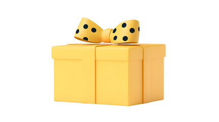 Poster - Playful 3D of a bright gold present box decorated with a polka dotted ribbon bow giving a fun and elegant vibe  The gift box is isolated on a transparent white background perfect for holiday