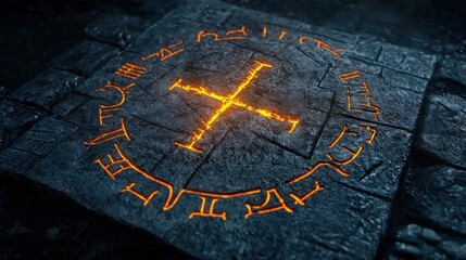 Poster - dark fantasy symbol on stone tablet glowing with fiery light in mysterious atmosphere