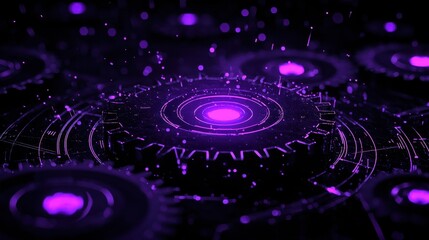 Poster - Digital Abstract Design with Purple Gears and Glowing Lights on a Dark Background, Representing Technology and Connectivity