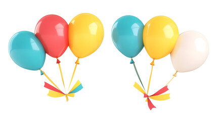 Poster - Playful 3D rendering of multiple helium balloons in various bright colors tied together with thin ribbons symbolizing and joy  Transparent background cutout format