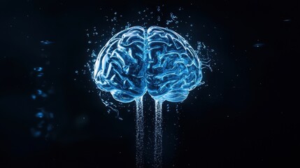 Poster - Futuristic Blue Brain Graphic with Water Splash Effect on Dark Background for Science and Technology Concepts