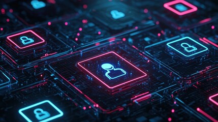 Poster - Futuristic Digital Interface with Neon Icons Representing User Profiles and Connections in a High-Tech Environment