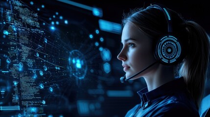 Poster - Young woman with headset engaging with advanced technology and data visualization for futuristic concepts