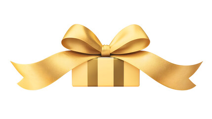 Poster - Playful 3D of a golden present decorated with a striped satin ribbon and slightly curled ends symbolizing festivity and joy  The gift box is isolated on a transparent background