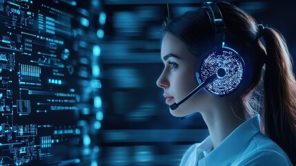 Poster - Young woman wearing a headset looking at digital interface with blue light, representing technology and communication concepts