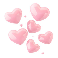 Aufkleber - Beautiful 3D cartoon of multiple floating pink hearts with a glossy finish and soft reflections gently drifting in mid air on a transparent background in a cutout style