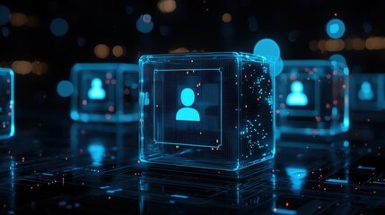 Poster - Futuristic Data Representation of User Profiles in Digital Cubes with Blue Glow and Technology Background
