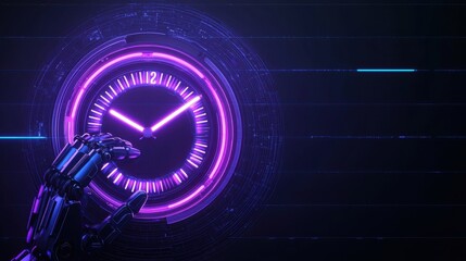 Poster - Futuristic Robotic Hand Reaching Towards Neon Clock with Vibrant Purple Glow and Digital Background