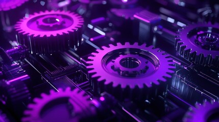 Poster - Abstract Close-Up of Metallic Gears with Vibrant Purple Lighting Enhancing Industrial Design