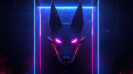 Poster - Futuristic Neon Wolf Head in Illuminated Frame with Vibrant Colors and High-Tech Aesthetic for Creative Backgrounds