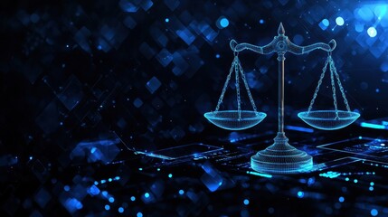 Poster - Futuristic digital scale of justice with glowing elements representing law and technology in a dark background