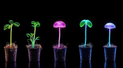 Poster - Vibrant Neon Growing Plants in Pots Under Dark Background with Illuminated Foliage and Unique Colorful Mushroom Shapes
