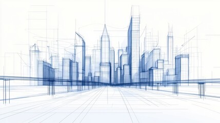 Poster - Abstract architectural blueprint of a futuristic skyline with lines and geometric shapes in blue tones