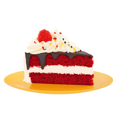 Aufkleber - Vibrant and playful 3D showcasing a tantalizing slice of red velvet cake  adorned with a drizzle of rich chocolate sauce and a small  fresh raspberry garnish