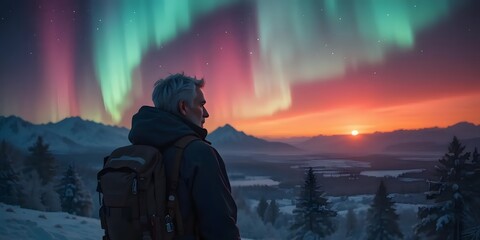 Poster - Individual Admiring Vibrant Northern Lights Over Winter Landscape