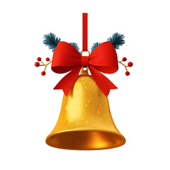 Poster - Shiny golden bell with silky red ribbon in a 3D cartoon smooth metallic reflections and a festive holiday feel isolated on a transparent background in a cutout style