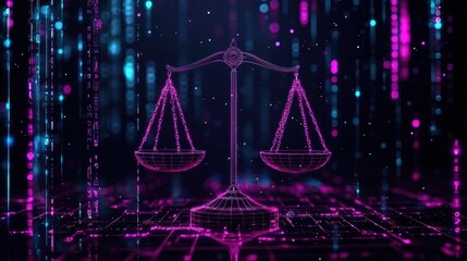 Poster - Neon Digital Scales of Justice in a Futuristic Data Environment with Glowing Binary Code Elements