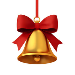 Poster - Playful 3D of a festive golden bell with a neatly tied red ribbon featuring a soft glow and polished surface perfect for holiday Isolated on a transparent background