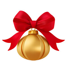 Poster - Charming 3D golden bell with a rich golden hue smooth curves and a vibrant red ribbon fluttering elegantly symbolizing holiday Transparent background cutout format