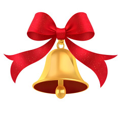 Poster - Charming 3D golden bell with a rich golden hue smooth curves and a vibrant red ribbon fluttering elegantly symbolizing holiday Transparent background cutout format