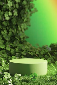 
Green podium for product presentation with clover, rainbow light background, St. Patrick's Day theme