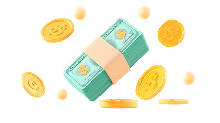 Poster - 3D of a Floating Stack of Green Banknotes Wrapped Tightly with a Beige Band Surrounded by Shiny Golden Coins Featuring Embossed Dollar Signs