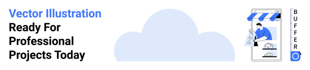 Cloud element and storefront interface with a person managing a digital workspace. Ideal for teamwork, cloud storage, online shopping, business growth, technology, SaaS, flat landing page banner
