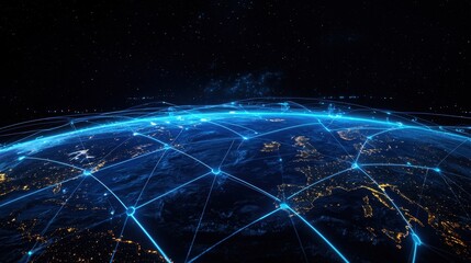 Poster - Global Network Connectivity Over Earth at Night with Illuminated Cities and Digital Lines Illustrating Communication