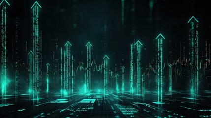 Poster - Futuristic Data Visualization with Neon Arrows and Matrix Code in a Dark Digital Landscape