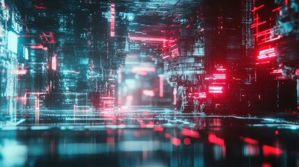Poster - A Futuristic Cyberpunk City Interior with Reflective Surfaces and Lighting