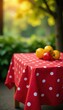 © Pradubpun - Spotty red tablecloth on bare wooden table, bokeh backdrop, photography, minimal, art