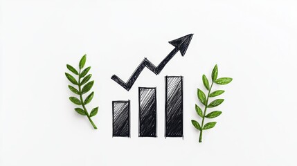 Poster - Growth and Success Concept with Hand-Drawn Bar Graph and Green Leaves Symbolizing Nature and Prosperity