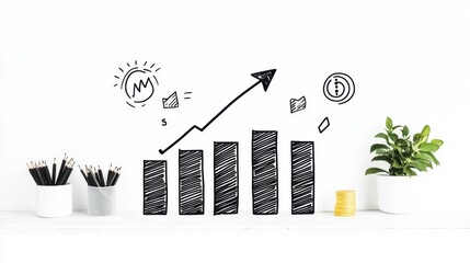 Poster - Creative Workspace with Hand-Drawn Graph Illustrating Business Growth and Financial Success Concept on White Background