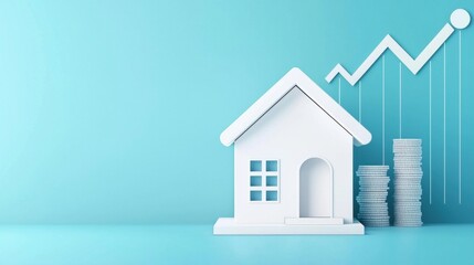 Poster - Minimalist House Model and Financial Growth Concept with Coin Stacks and Rising Graph on Blue Background