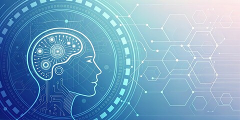 Poster - an illustration of a human head with a brain, overlaid with a futuristic circuit board pattern, representing artificial intelligence.