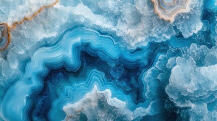Poster - Blue agate cross section displaying concentric mineral bands, revealing intricate crystalline patterns with vibrant coloration, polished surface highlighting natural geometric complexity
