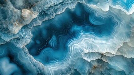 Poster - Polished blue and white agate surface forming abstract wavy pattern with light blue center and white edges, resembling a cross section of a mineral geode