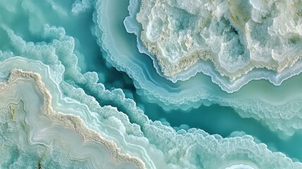 Poster - Mesmerizing turquoise agate slice displaying intricate patterns of concentric bands and crystalline formations, resembling a captivating miniature landscape of frozen waves