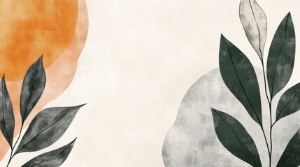 Poster - Minimalist botanical composition featuring abstract orange and grey watercolor shapes and dark green leaves, creating a serene and artistic atmosphere