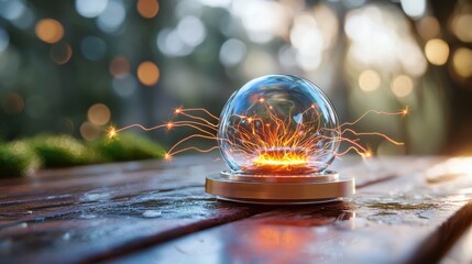 Wall Mural - a stunning glass globe showcasing vibrant electric sparks on a wooden surface in a serene outdoor se