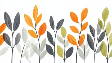Aufkleber - Vertical orange, grey, green leaves forming minimalist botanical border, presenting sleek graphic pattern against clean white backdrop, embodying contemporary design aesthetic