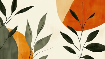 Aufkleber - Stylized botanical elements merging geometric shapes with vibrant orange, green, and beige hues, expressing contemporary graphic design aesthetic