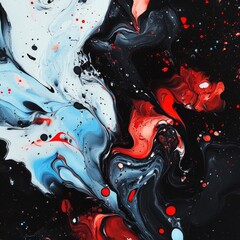 Poster - Abstract Acrylic Pouring Art: A Dynamic Composition of Black, White, and Red with Daring Splashes 