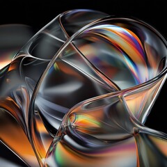 Aufkleber - Abstract Glass Curves: Reflective Light and Dark Tones with Iridescent Sheen on Black Background 